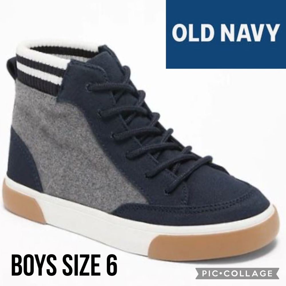 Old Navy Boys Sneakers Varsity Navy Blue Gray High Top Lace Up Size 6